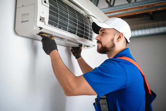 HVAC technician installing a mini split air conditioner in San Juan Capistrano