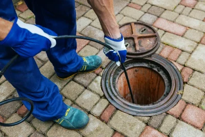 Plumber cleaning an outdoor sewer drain in San Juan Capistrano