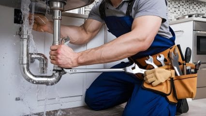 Plumber repairing pipes beneath a sink in San Juan Capistrano
